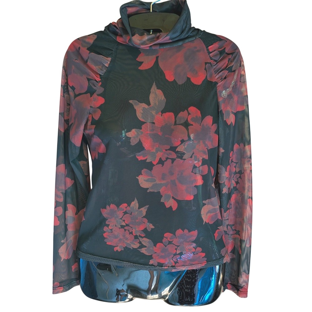 Free People Top Womens S Sheer Mesh Mock Neck Floral Grunge Goth Layering